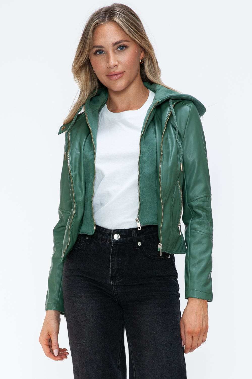 Snobbish Faux Leather Zip Up Drawstring Hooded Jacket - Trendsi - Flyclothing LLC