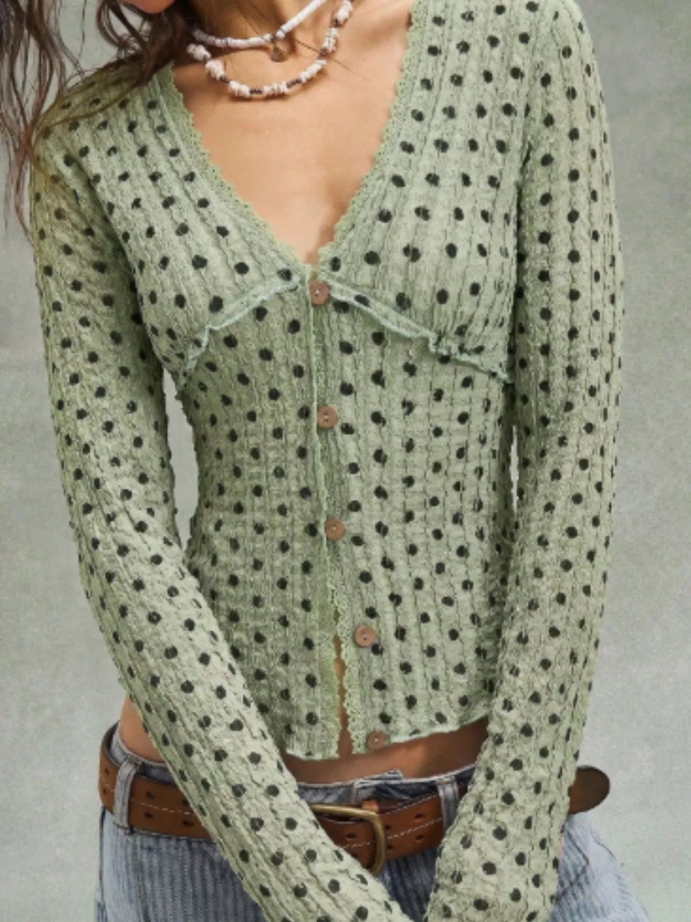 Polka Dot Button Down Textured Long Sleeve Blouse - Trendsi - Flyclothing LLC