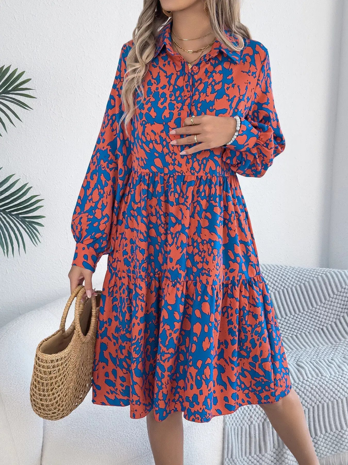 Printed Collared Neck Long Sleeve Dress - Trendsi - Flyclothing LLC