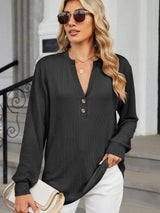 Striped Notched Long Sleeve T-Shirt - Trendsi - Flyclothing LLC