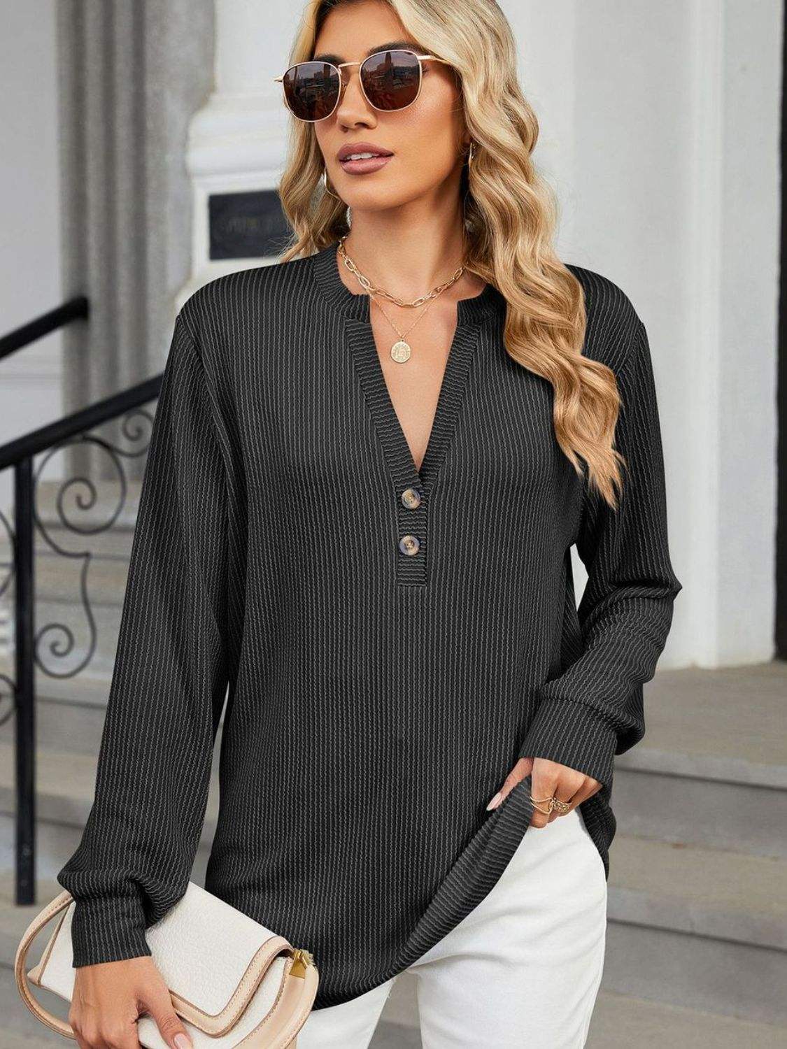 Striped Notched Long Sleeve T-Shirt - Trendsi - Flyclothing LLC