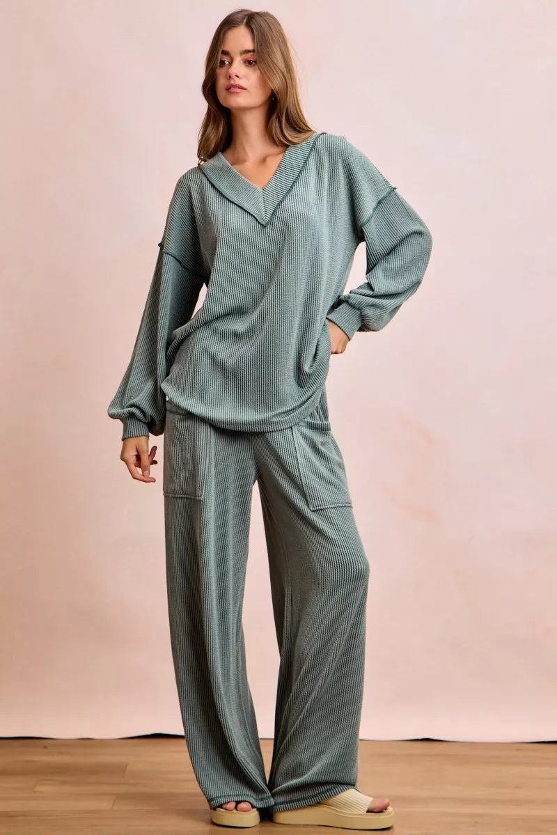 BiBi Two Tone Cord Rib Contrast Stitching V-Neck Top and Pants Set - Trendsi - Flyclothing LLC