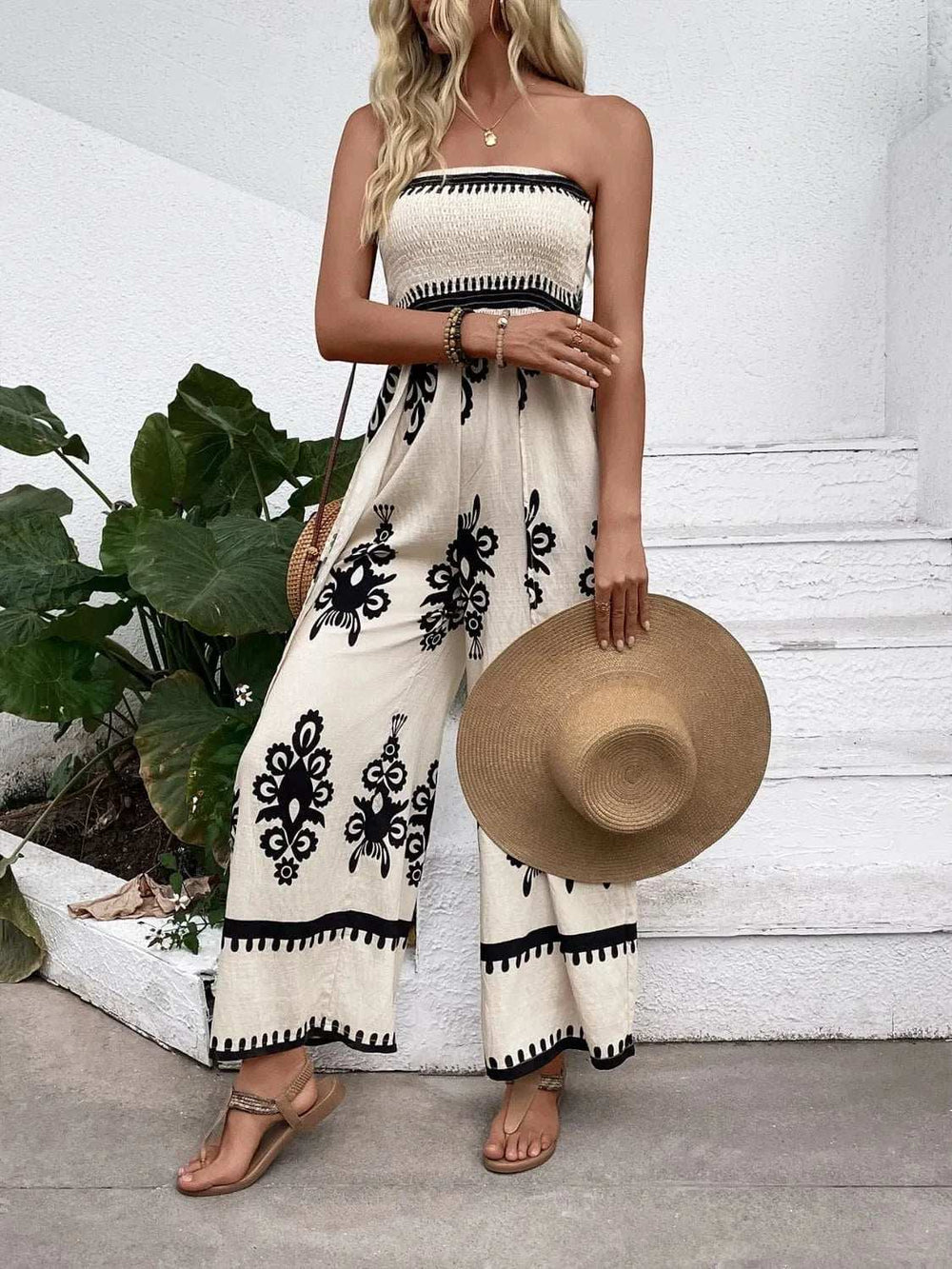 Smocked Printed Wide Leg Jumpsuit - Trendsi - Flyclothing LLC