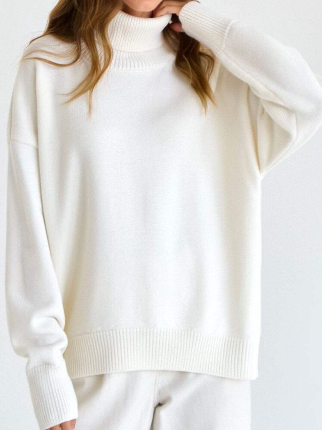 Ribbed Detail Turtleneck Dropped Shoulder Sweater - Trendsi - Flyclothing LLC
