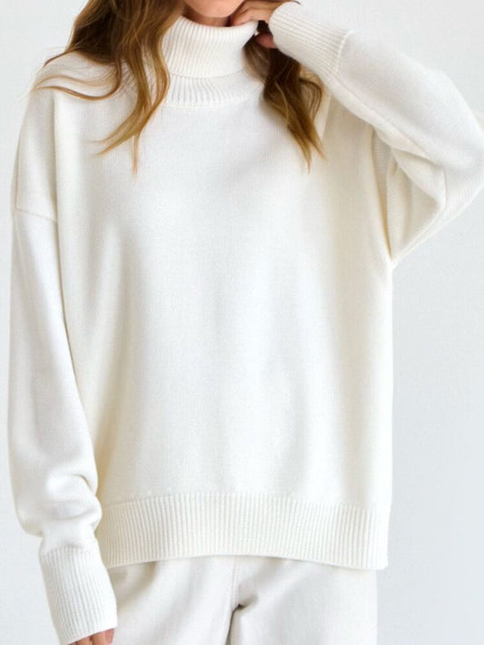 Ribbed Detail Turtleneck Dropped Shoulder Sweater - Trendsi