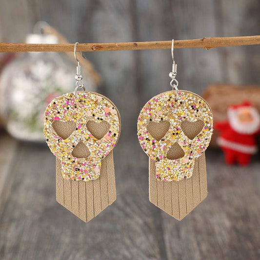 Sequin Skull Dangle PU Leather Earrings - Trendsi