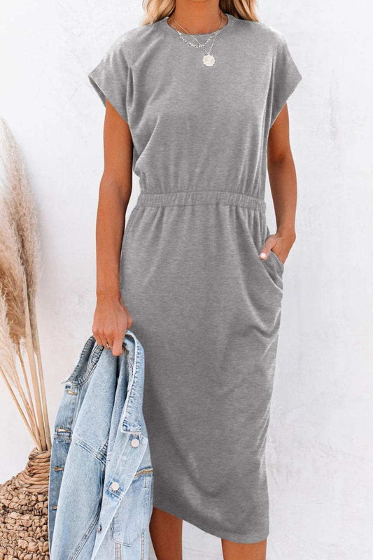 Pocketed Round Neck Cap Sleeve Dress - Trendsi - Flyclothing LLC