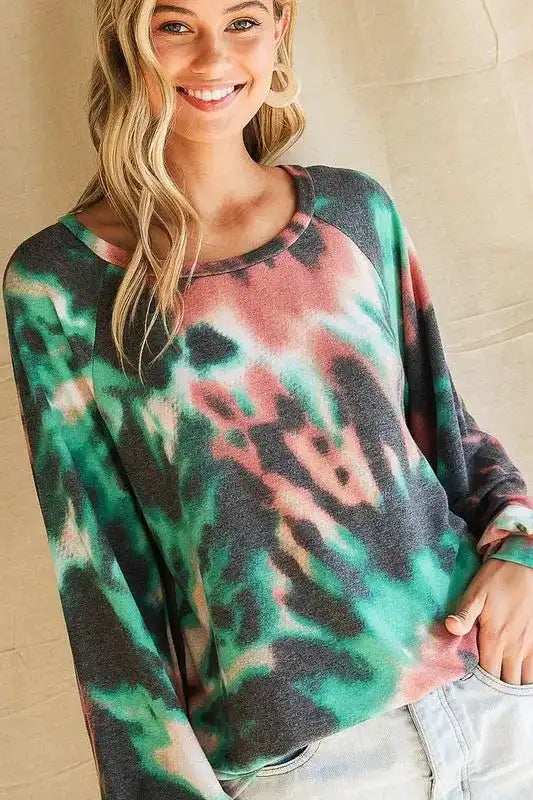 BiBi Tie Dye Print Terry Top with Puff Sleeves - Trendsi - Flyclothing LLC
