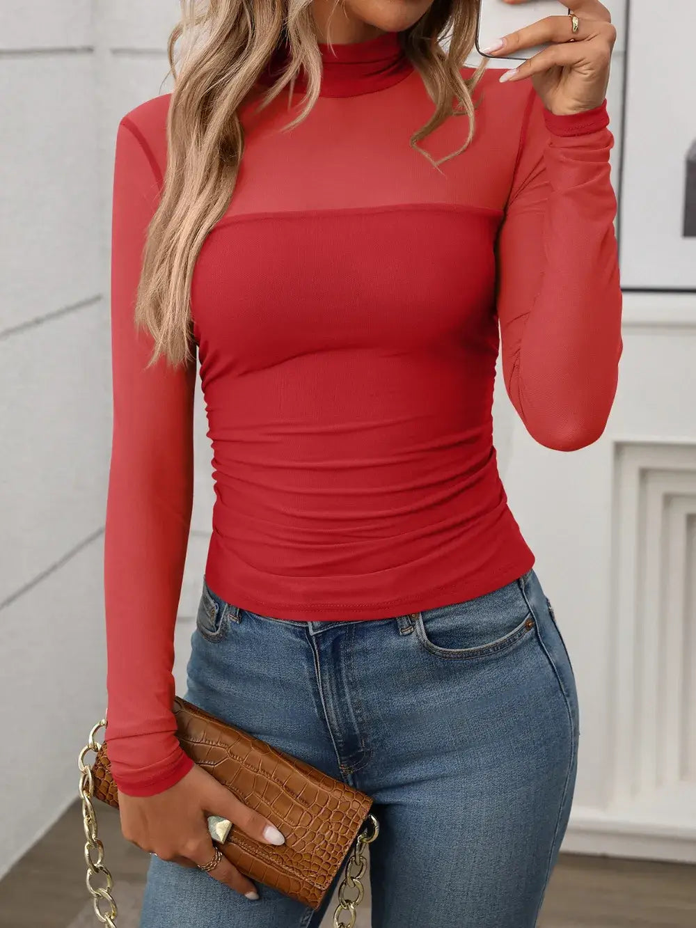 Mock Neck Long Sleeve Top - Trendsi - Flyclothing LLC