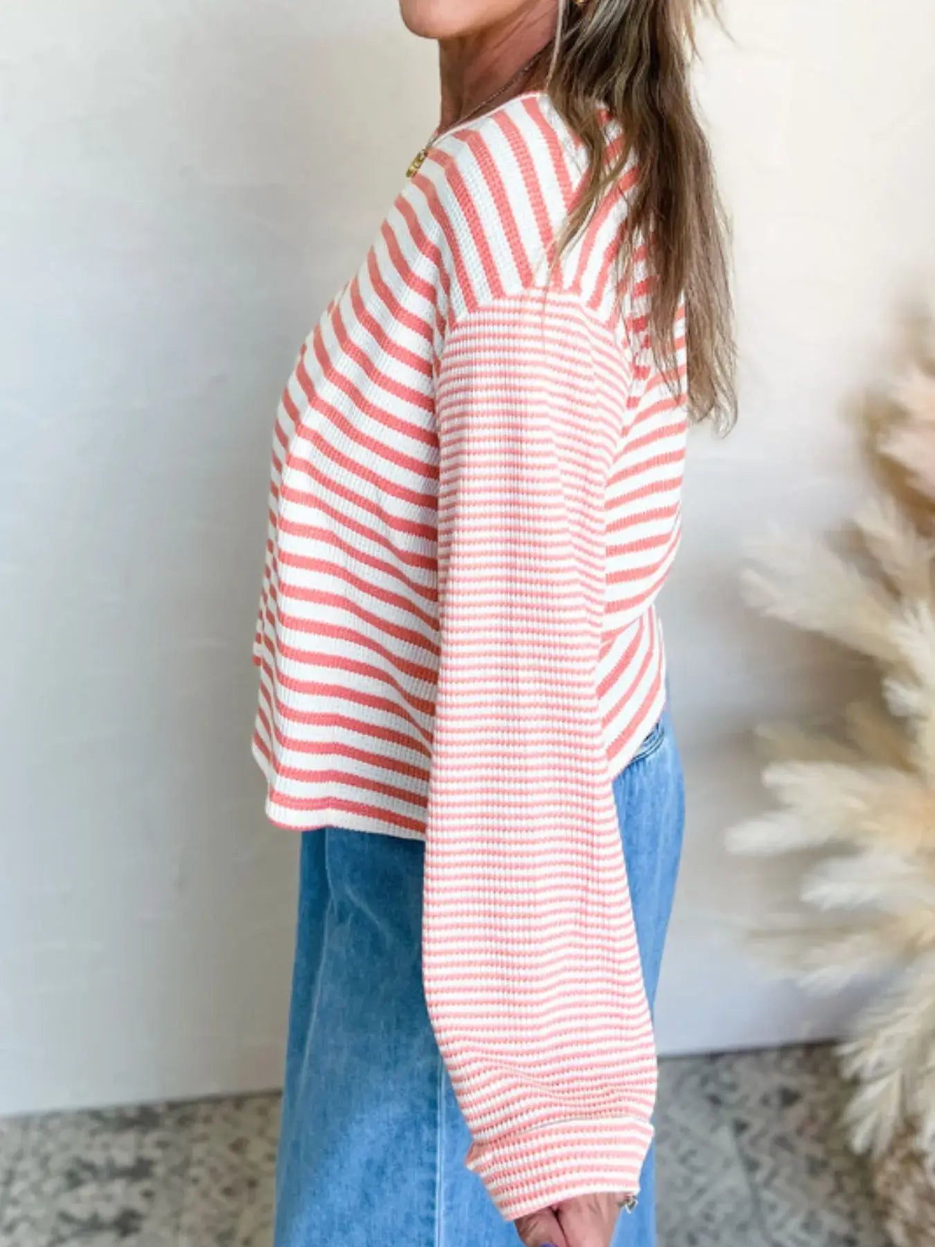 Striped Long Sleeve Ribbed Blouse - Trendsi - Flyclothing LLC