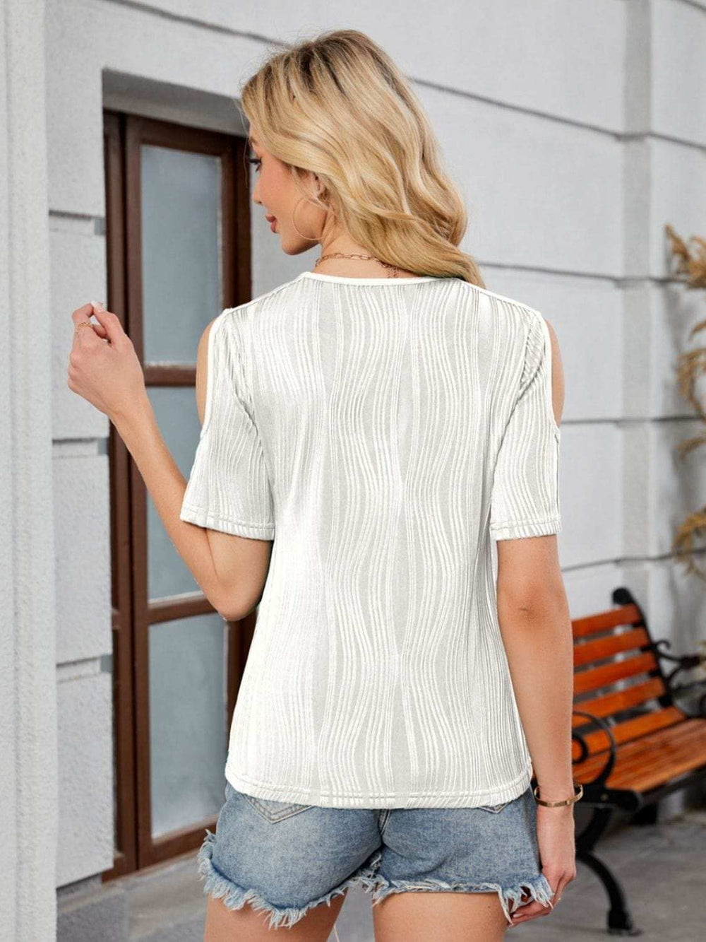 Textured V-Neck Cold Shoulder Top - Trendsi - Flyclothing LLC