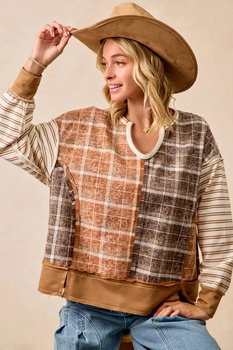 BiBi Plaid And Stripe Mix And Match Top With Open Seam - Trendsi - Flyclothing LLC