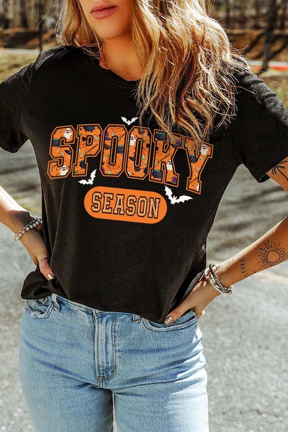 SPOOKY SEASON Round Neck Short Sleeve T-Shirt - Trendsi - Flyclothing LLC