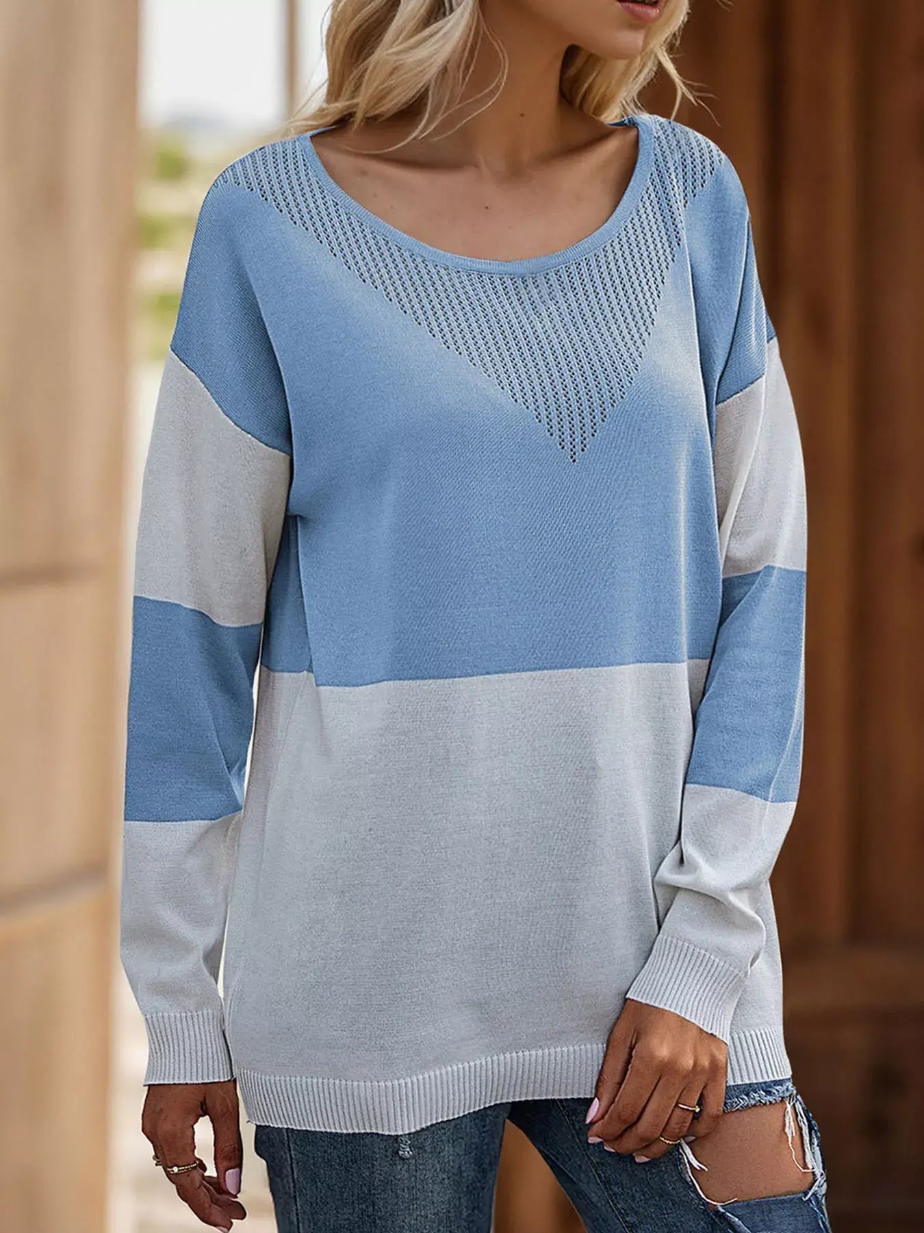 Color Block V-Neck Knit Top - Trendsi - Flyclothing LLC