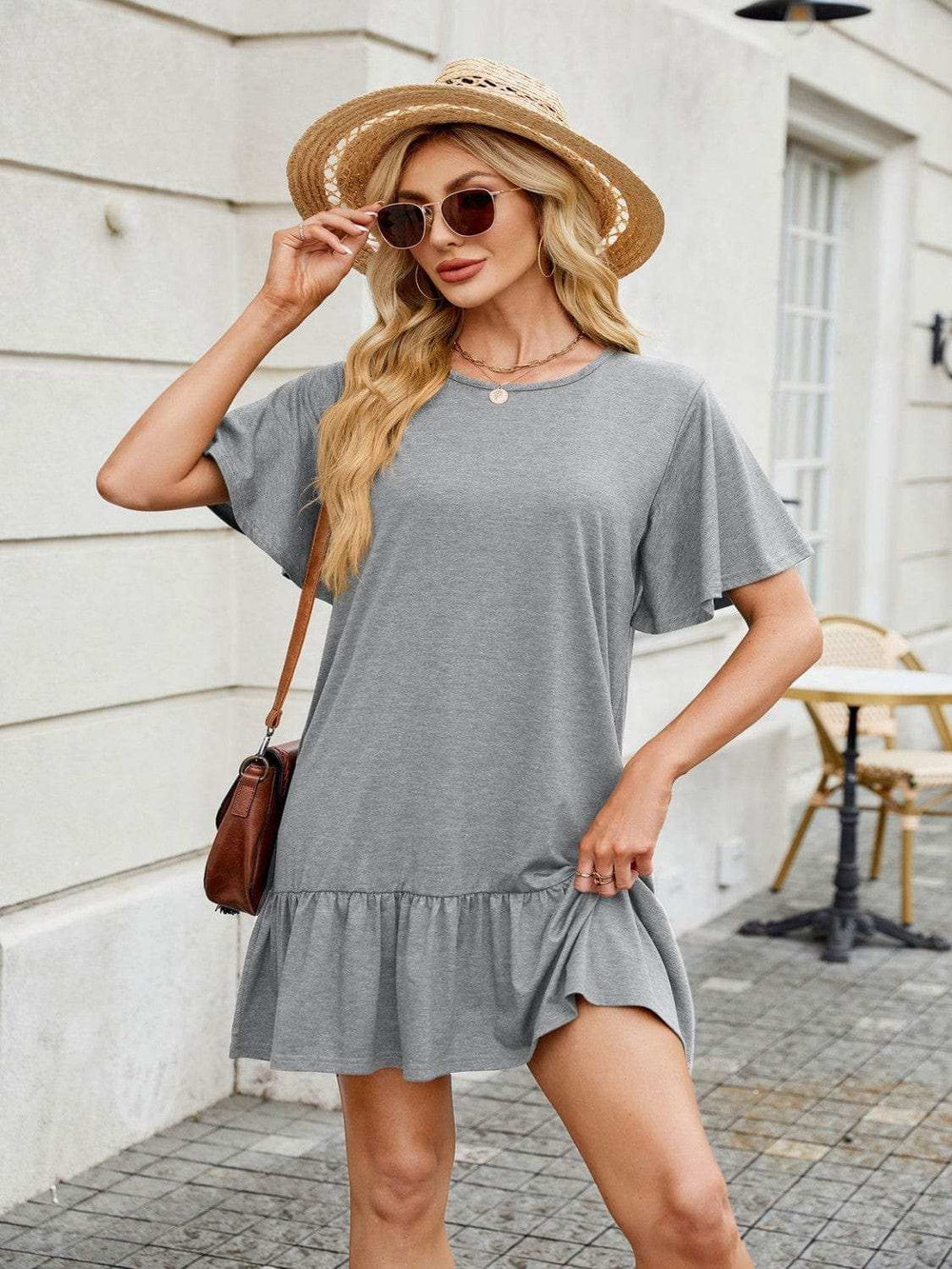 Round Neck Short Sleeve Mini Dress - Trendsi - Flyclothing LLC