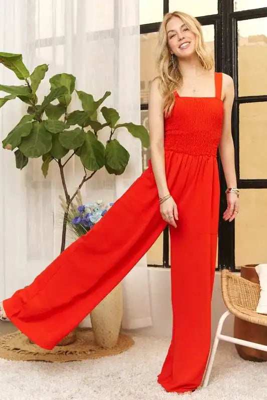 ADORA Full Size Smocking Top Wide Leg Jumpsuit Plus Size - Trendsi - Flyclothing LLC
