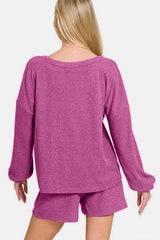 Zenana V-Neck Long Sleeve Ribbed Top and Shorts Set - Trendsi - Flyclothing LLC