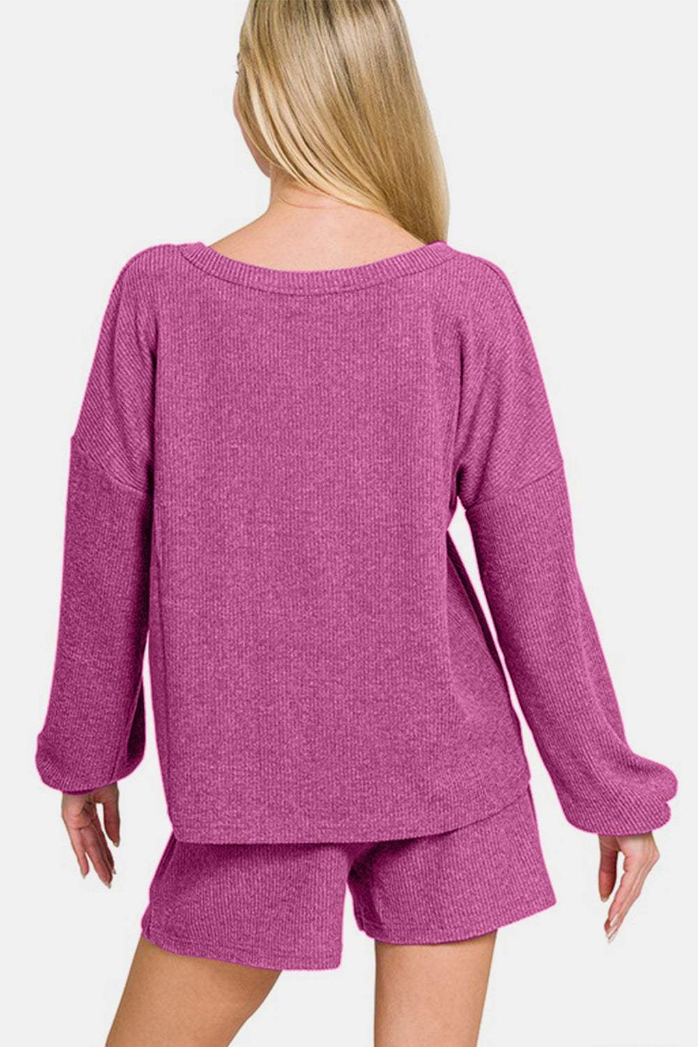 Zenana V-Neck Long Sleeve Ribbed Top and Shorts Set - Trendsi - Flyclothing LLC