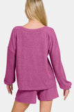 Zenana V-Neck Long Sleeve Ribbed Top and Shorts Set - Trendsi - Flyclothing LLC
