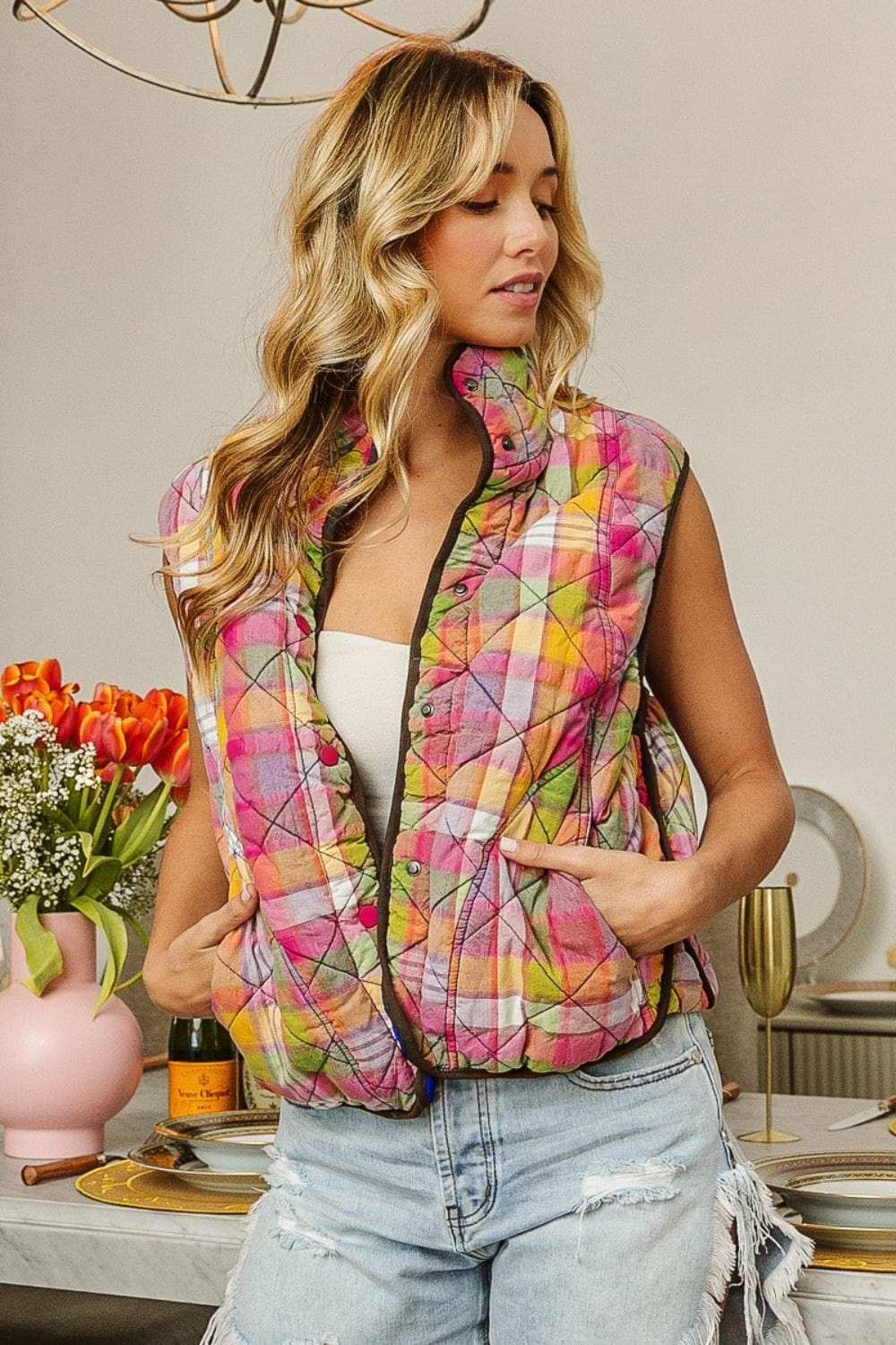 BiBi Quilted Washed Plaid Snap Down Vest - Trendsi - Flyclothing LLC
