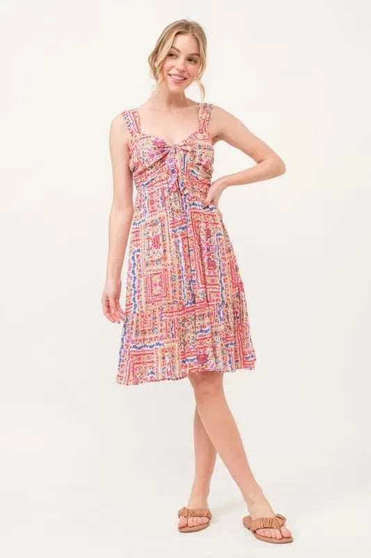And The Why Tied Front Smocked Back Tiered Boho Printed Dress - Trendsi - Flyclothing LLC