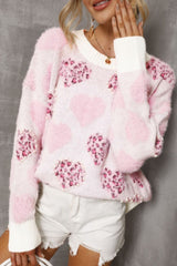 Pearl Detail Heart Round Neck Sweater - Trendsi