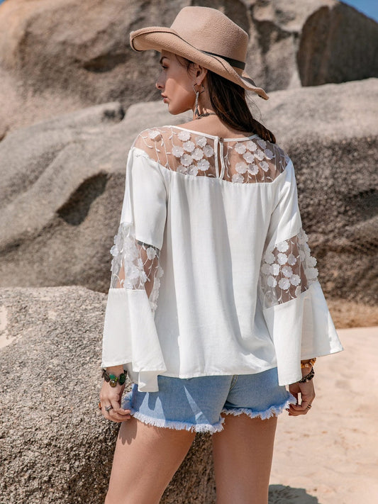 Lace Round Neck Long Sleeve Blouse - Trendsi