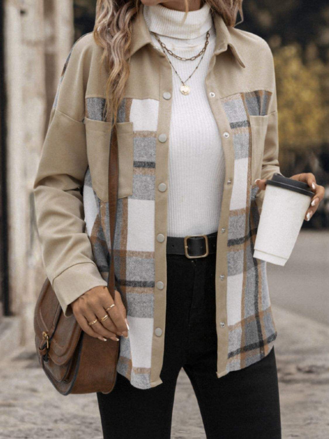 Perfee Plaid Snap Down Long Sleeve Shacket - Trendsi - Flyclothing LLC