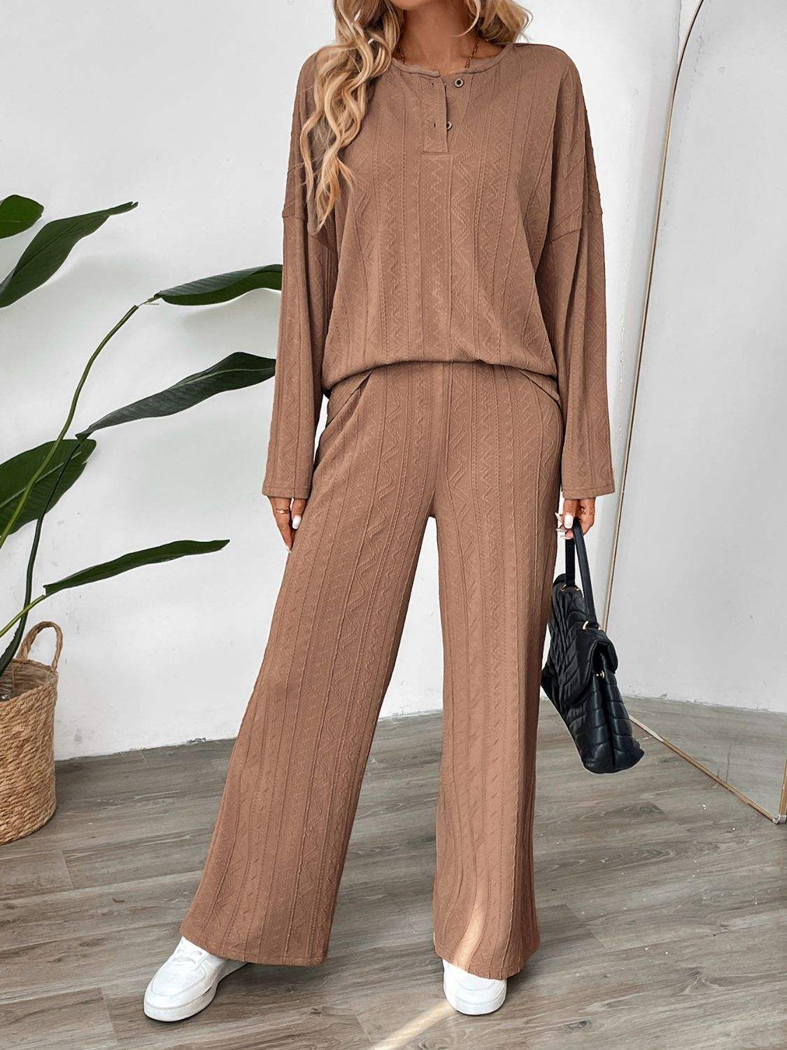 Perfee Quarter Button Long Sleeve Top and Pants Set - Trendsi - Flyclothing LLC