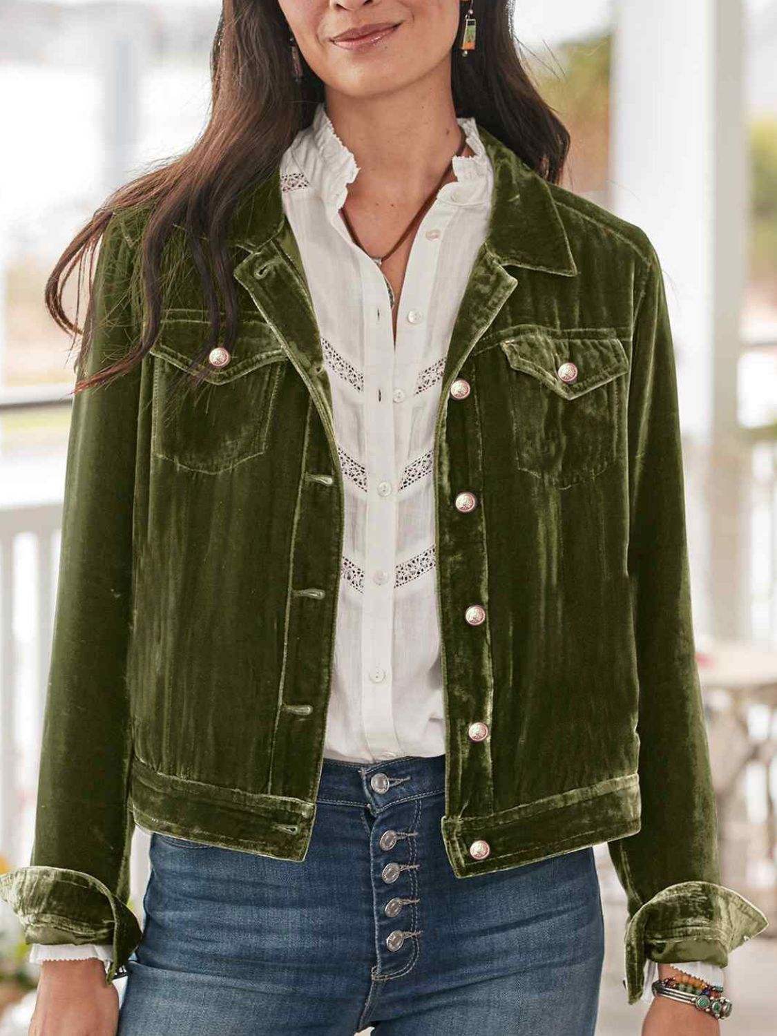 Button Up Long Sleeve Jacket with Chest Pockets - Trendsi - Flyclothing LLC