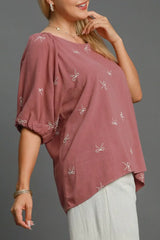 Umgee Full Size Linen Blend Ribbon Embroidered Top Plus Size - Trendsi - Flyclothing LLC