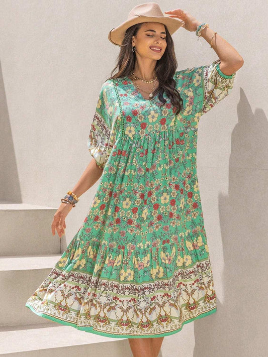 Ruched Printed Puff Sleeve Midi Dress - Trendsi - Flyclothing LLC