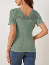 Lace Trim Eyelet Embroidered Summer T-Shirt - Trendsi - Flyclothing LLC