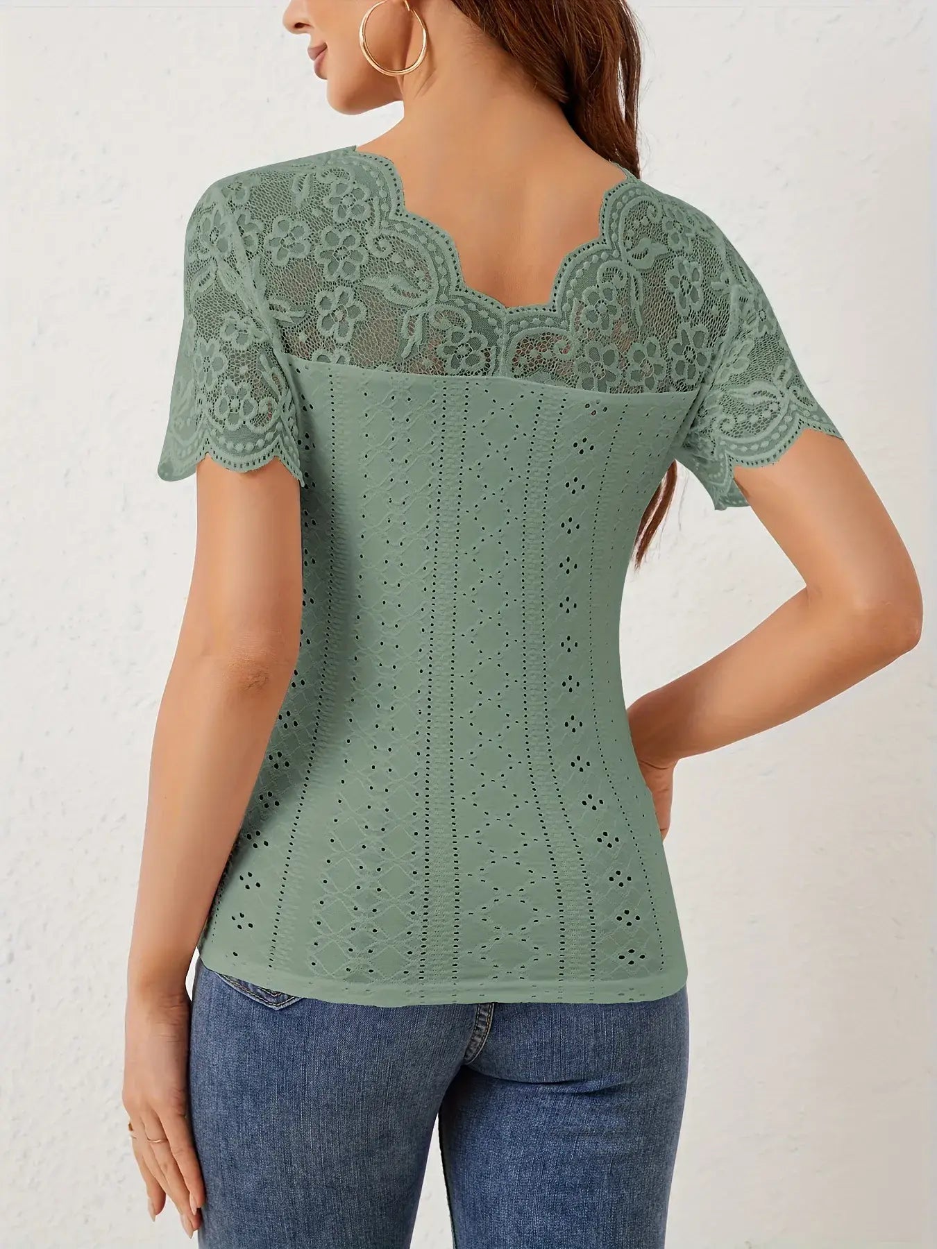 Lace Trim Eyelet Embroidered Summer T-Shirt - Trendsi - Flyclothing LLC