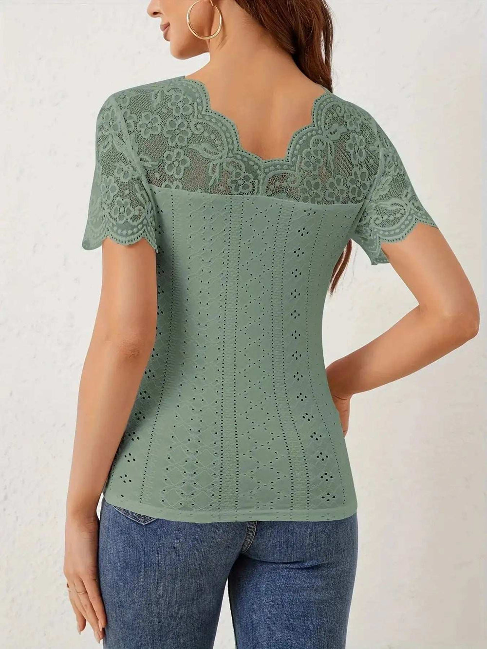Lace Trim Eyelet Embroidered Summer T-Shirt - Trendsi - Flyclothing LLC