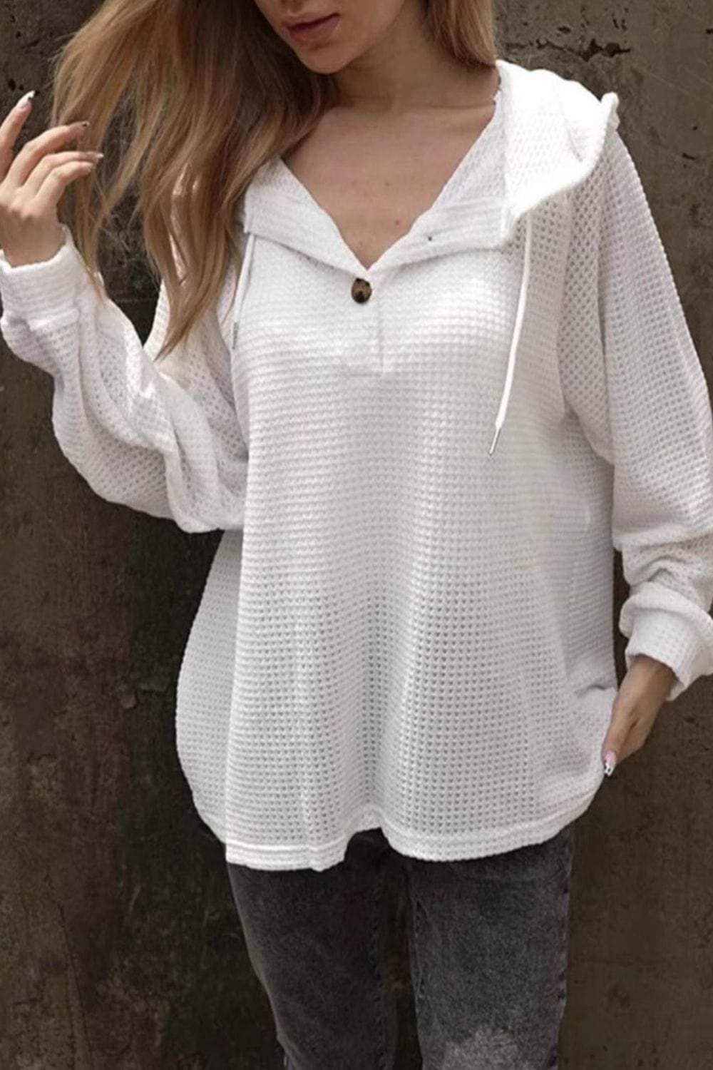 Waffle-Knit Long Sleeve Hooded T-Shirt - Trendsi - Flyclothing LLC