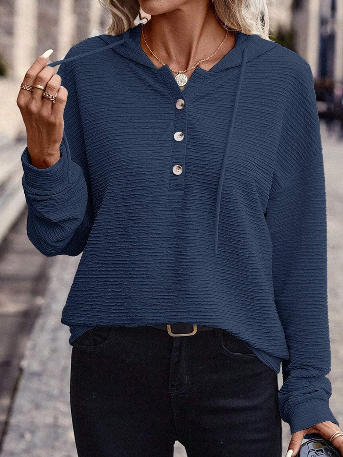 Drawstring Quarter Button Long Sleeve Hoodie - Trendsi - Flyclothing LLC