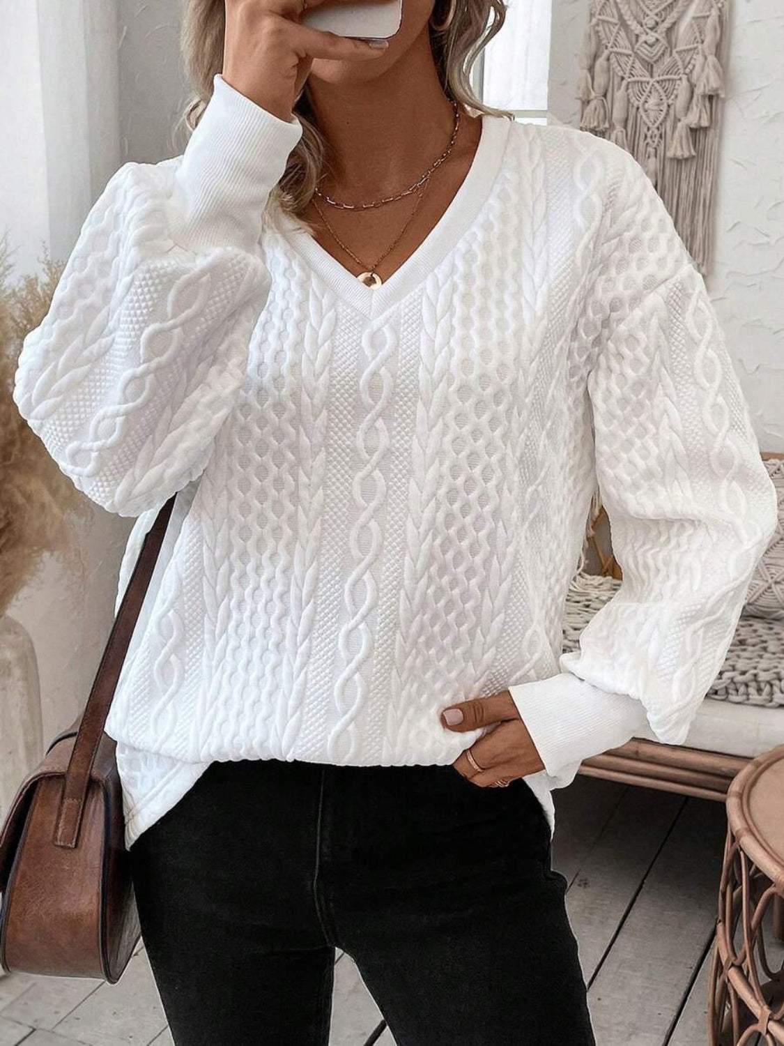 V-Neck Long Sleeve Sweatshirt - Trendsi - Flyclothing LLC