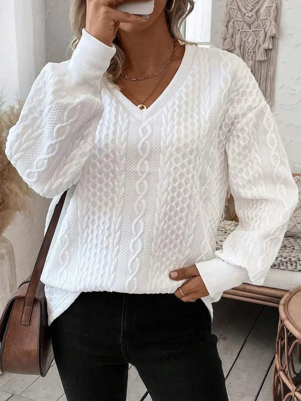 V-Neck Long Sleeve Sweatshirt - Trendsi