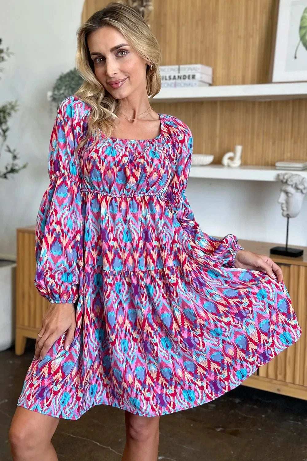 Double Take Full Size Printed Long Sleeve Dress - Trendsi - Flyclothing LLC