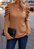 Decorative Button Round Neck Puff Sleeve Blouse - Trendsi
