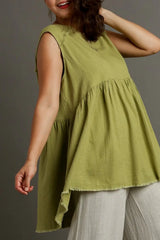 Umgee Full Size Raw Hem Linen Round Neck Sleeveless Top Plus Size - Trendsi - Flyclothing LLC