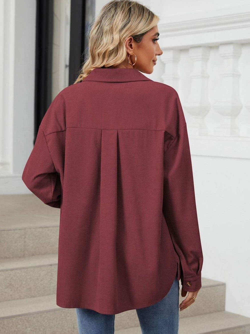 Button Up Dropped Shoulder Long Sleeve Outerwear - Trendsi - Flyclothing LLC