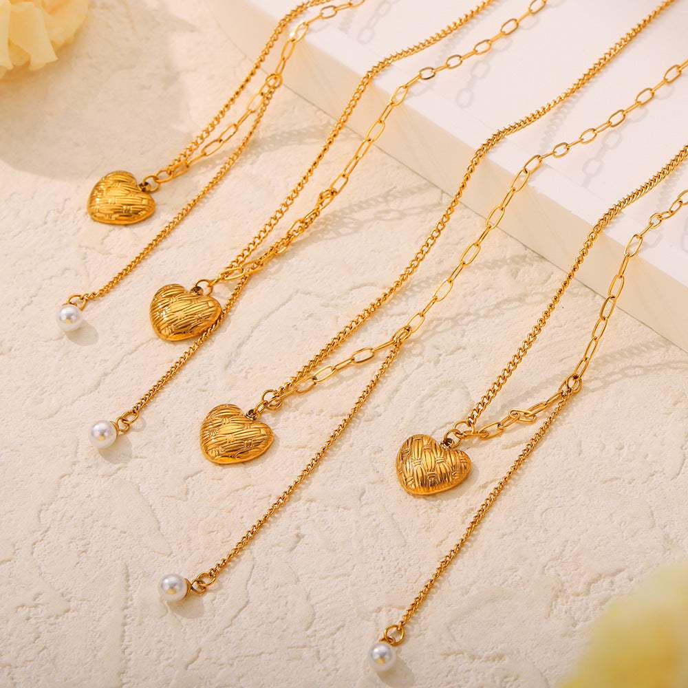 Titanium Steel Imitation Pearl Heart Pendant Necklace - Trendsi - Flyclothing LLC