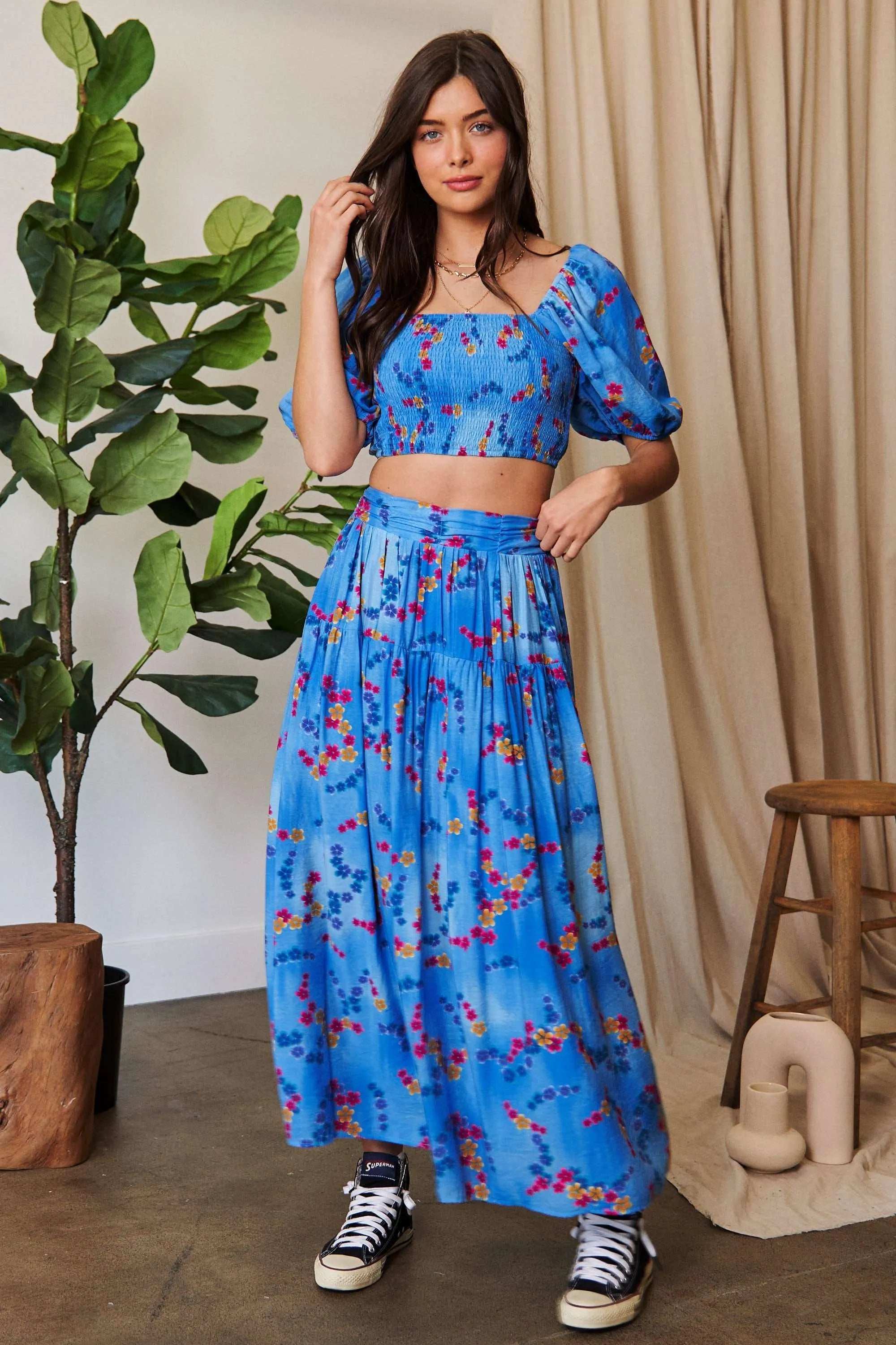 Davi & Dani Smocing Bodice Puff Short Sleeve Printed Crop Top - Trendsi - Flyclothing LLC