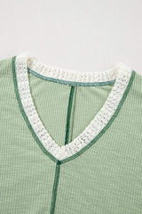 Lace Detail Contrast V-Neck Long Sleeve Blouse - Trendsi - Flyclothing LLC