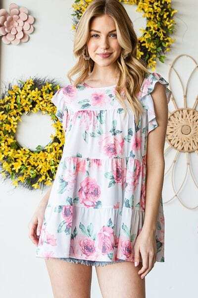 Heimish Full Size Butterfly Short Sleeve Round Neck Floral Print Tiered Top Plus Size - Trendsi - Flyclothing LLC