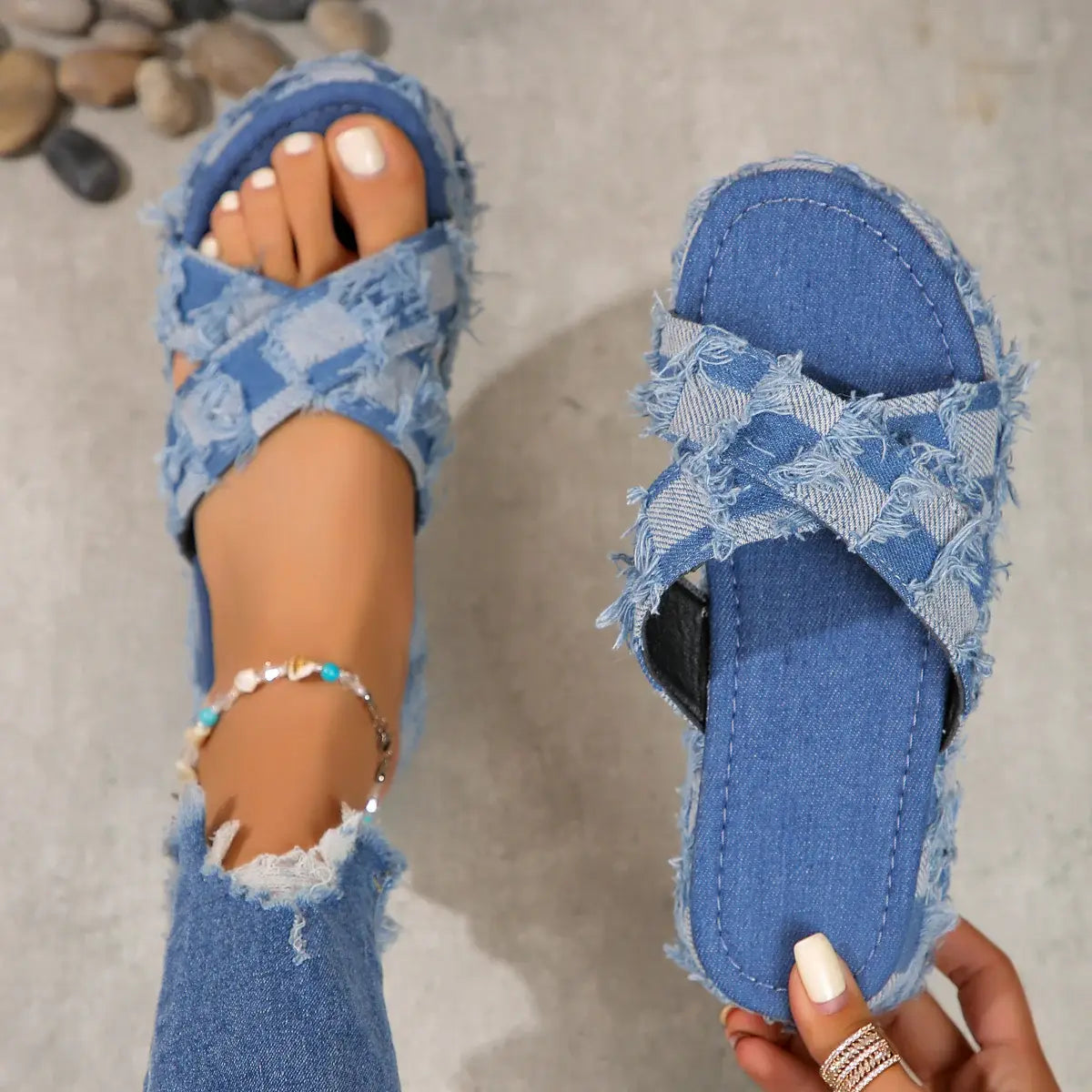 Checkered Raw Hem Open Toe Platform Sandals - Trendsi - Flyclothing LLC