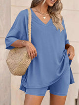 Full Size Casual Loose V-Neck T-Shirt & Shorts Set Plus Size - Trendsi - Flyclothing LLC