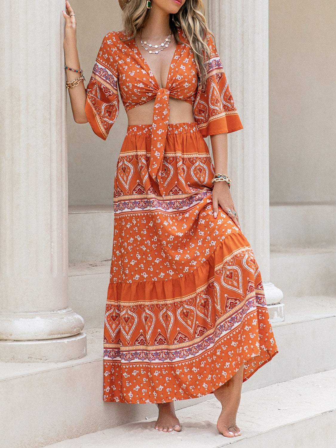 Printed Plunge Half Sleeve Top and Skirt Set - Trendsi - Flyclothing LLC